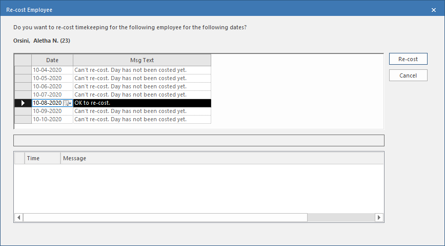 Re-cost Employee dialog box showing the employee name highlighted in bold.