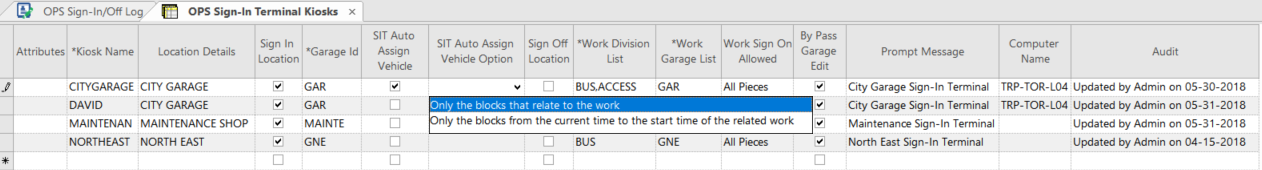Sample data showing Auto Assign Vehicle Options