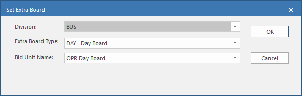 Set Extra Board dialog showing Division, Extra Board Type and Bid Unit Name fields.