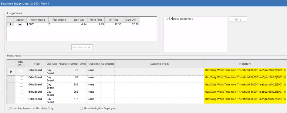Employee Suggestions showing warning violations that are highlighted in yellow.