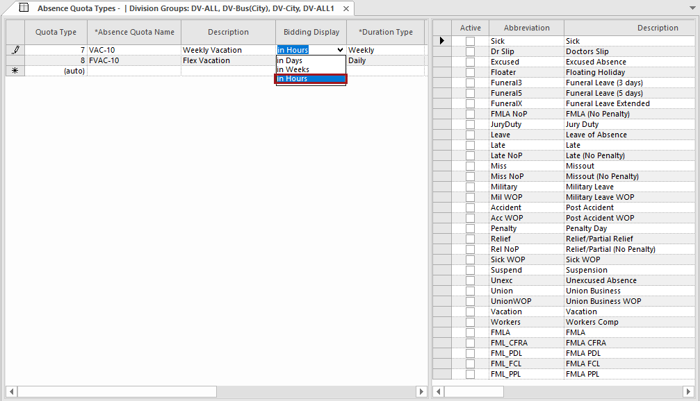 The Absence Quot Types screen with the In Hours Biding Display option circled in red.