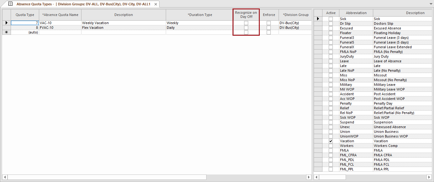 The Absence Quota Types screen with Recognize on Day Off circled in red.