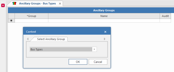 Bus Type shown on the Ancillary Groups Select Ancillary Group dropdown list.