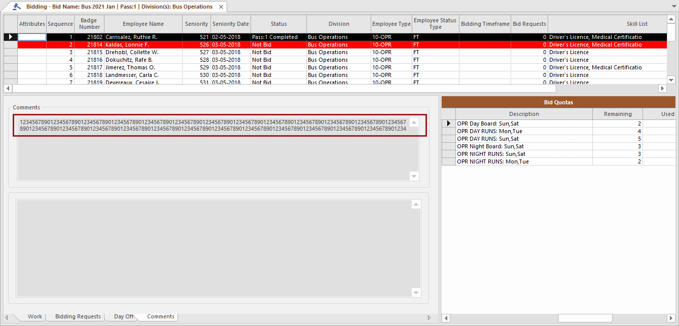 The Bidding screen with the Employee Bid Wizard comment circled in red.