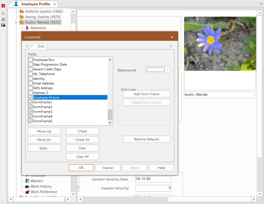 Customize dialog box showing the Employee Picture field selected. The employee picture is visible on the Employee Profile screen in the background.