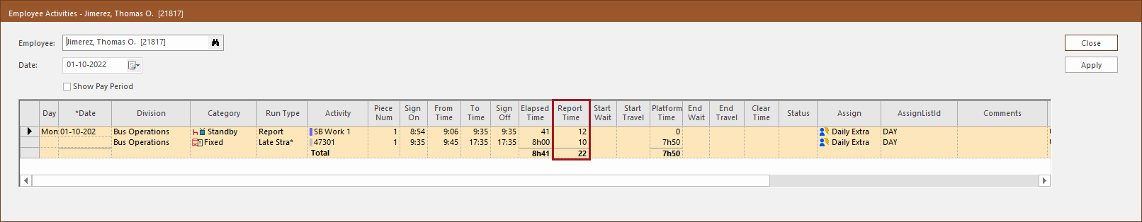 The Employee Activities dialog with Report Time circled in red.