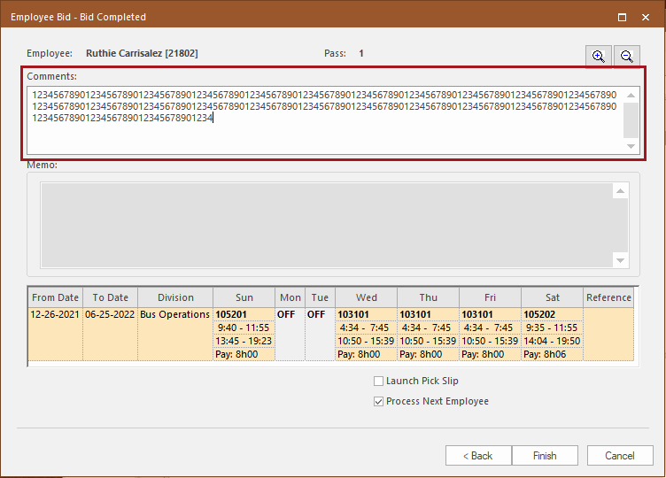 Employee Bid Wizard with the Comments field circled in red.