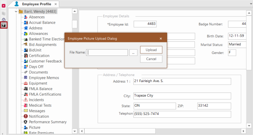 The Employee Profile screen with the Upload Picture button circles in red and the Employee Picture Upload Dialog box showing.