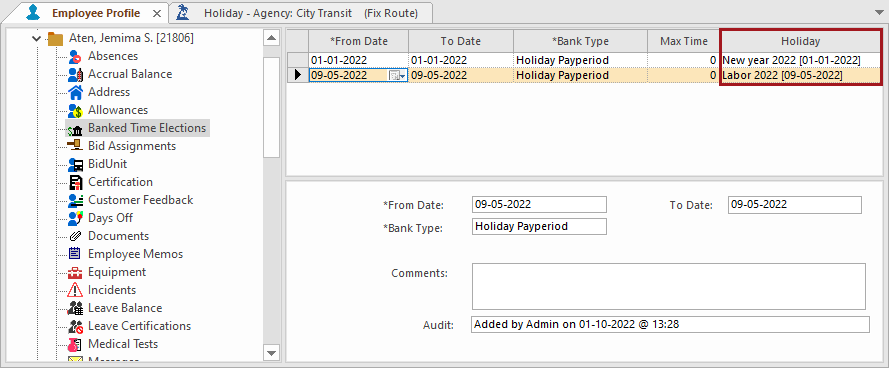 The Employee Profile - Banked Time Elections screen with the Holiday column circled in red.