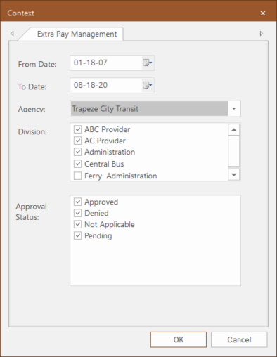Context dialog box of the Extra Pay Management screen