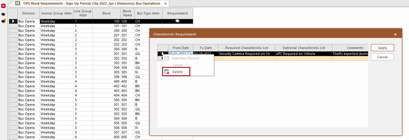 OPS Block Requirements showing the Characteristic Requirement dialog with the Delete option circled in red.