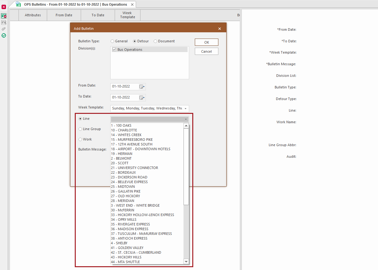 The add Bulletin dialog with the Line option circled in red.