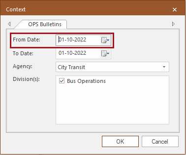 The Context dialog with the From Date circled in red.