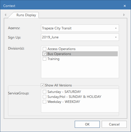 Context dialog of Runs Display screen