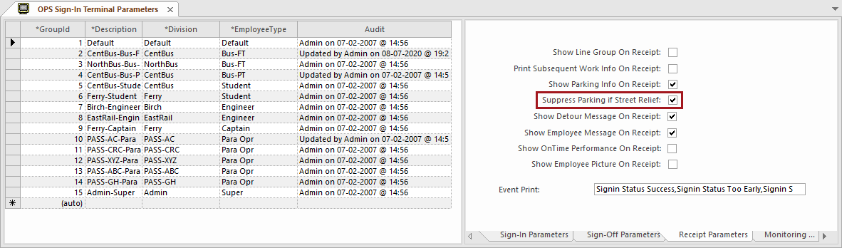 OPS Sign-In Terminal Parameters showing Suppress Parking if Street Relief circled in red.
