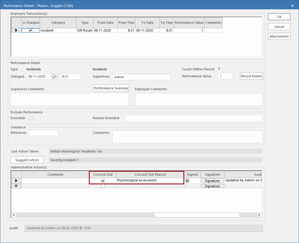Performance Details dialog box with Crossed Out and Crossed Out Reason circled in red.