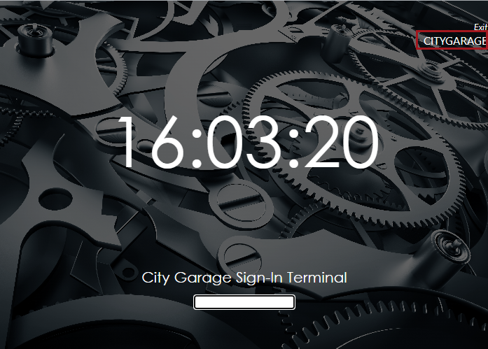 The main page of the Sign-In Terminal kiosk with the kiosk name circled in red.