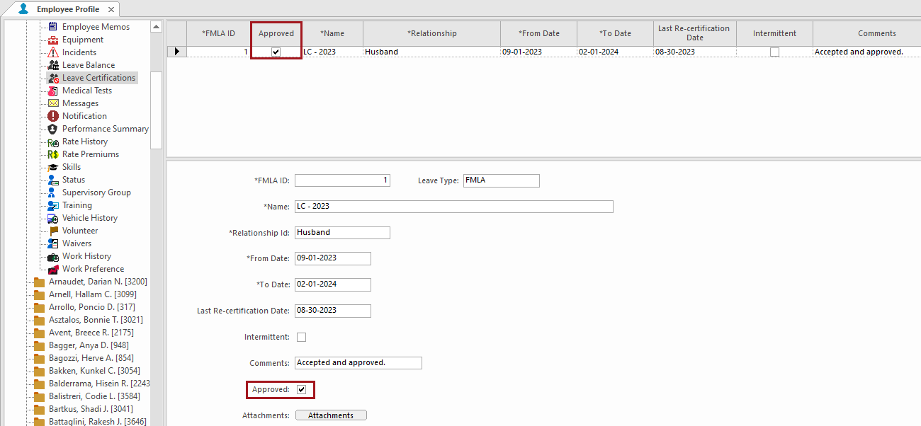 The Employee Profile - Leave Certifications screen with the Approved checkbox circled in red.