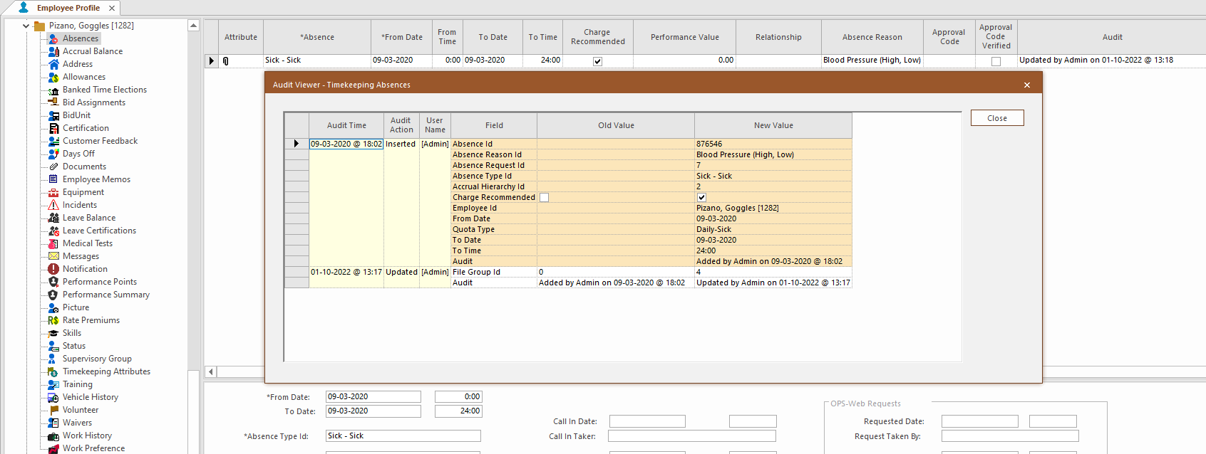 The Audit Viewer with the transaction Audit Time and User Name circled in red.