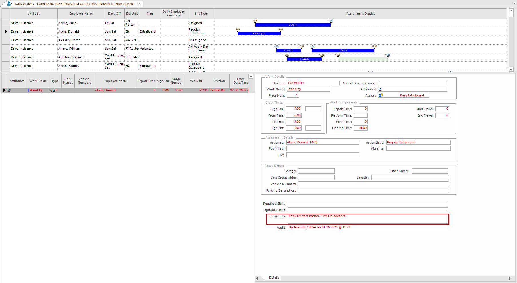 The Daily Activity screen with the added comment circled in red and additional text shown, which was added in the Daily Activity screen.
