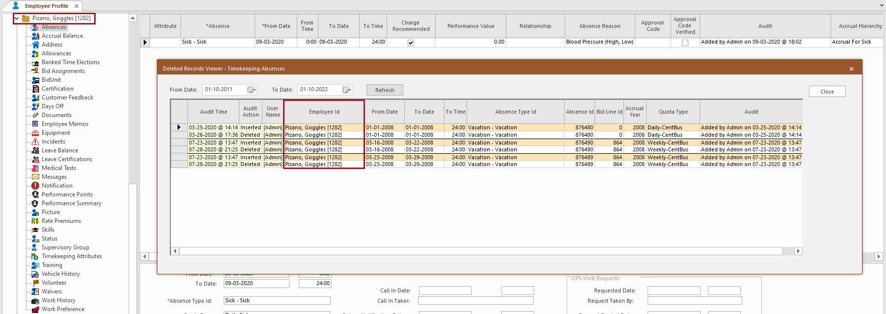 The Employee Profile screen showing the Deleted Records Viewer and the Employee name circled in red.