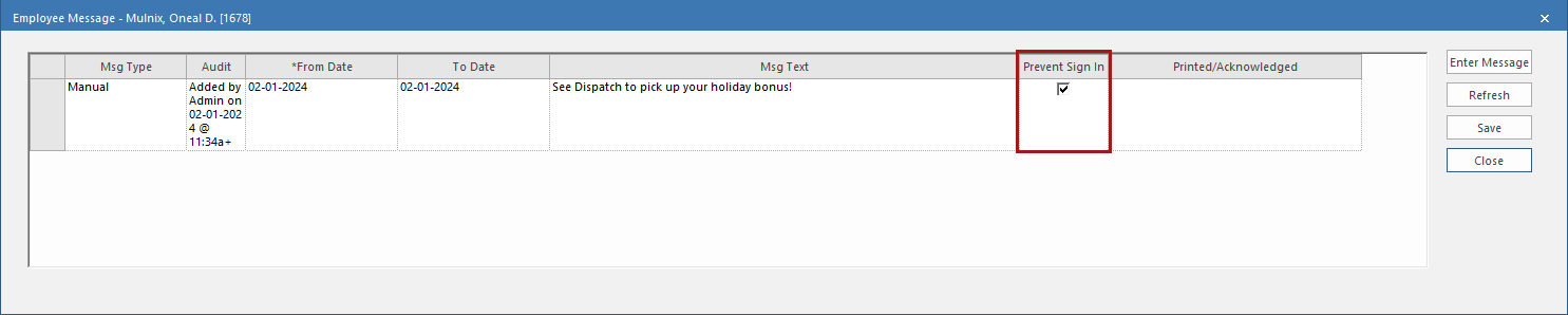 The Employee Message dialog with the Prevent Sign-In checkbox circled in red.