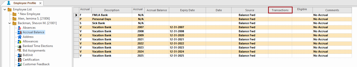 Employee Profile - Accrual Balance screen with Transactions circled in red.