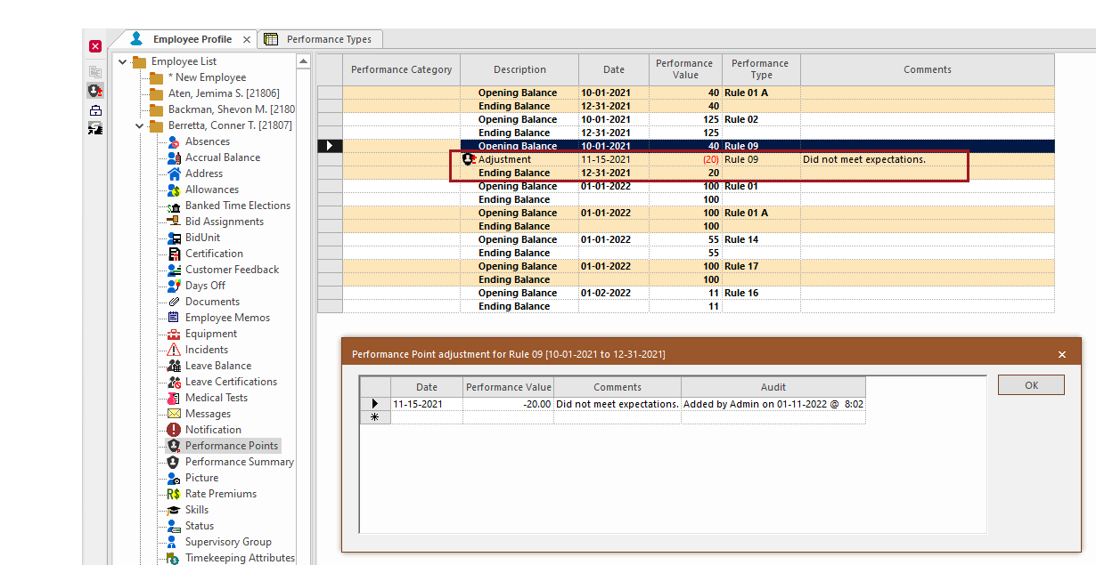 The Employee Profile - Performance Points screen showing the Performance Point adjustment dialog. Adjustment and Ending Balance records are circled in red.