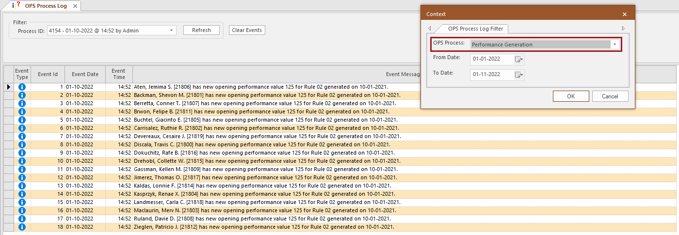 The OPS Process Log Context dialog with the OPS Process Log: Performance Generation option circled in red.