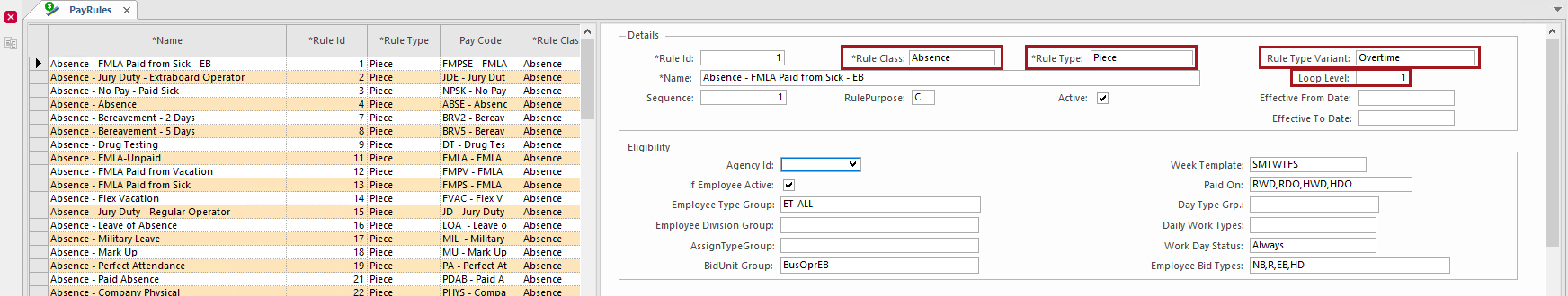 The PayRules screen with the Rule Class, Rule Type, Rule Type Variant, and Loop Level fields circled in red.