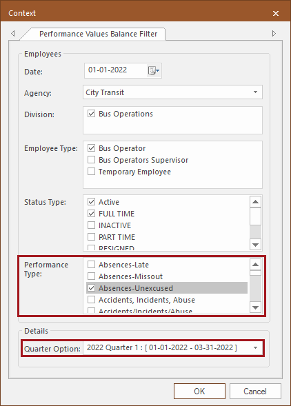 The Performance Values Balance Filter (Context) dialog, with Performance Types and Quarter Option circled in red.