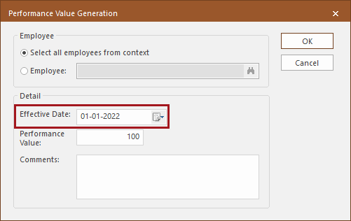 The Performance Value Generation dialog with the Effective Date circled in red.