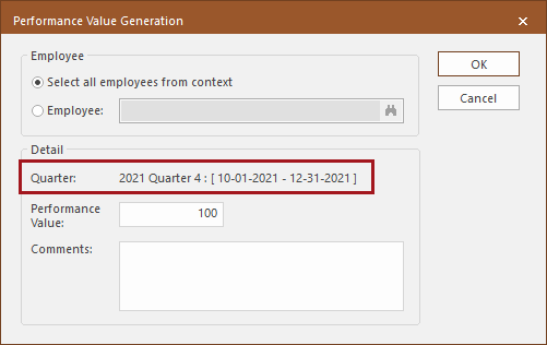 The Performance Value Generation dialog with Quarter information circled in red.
