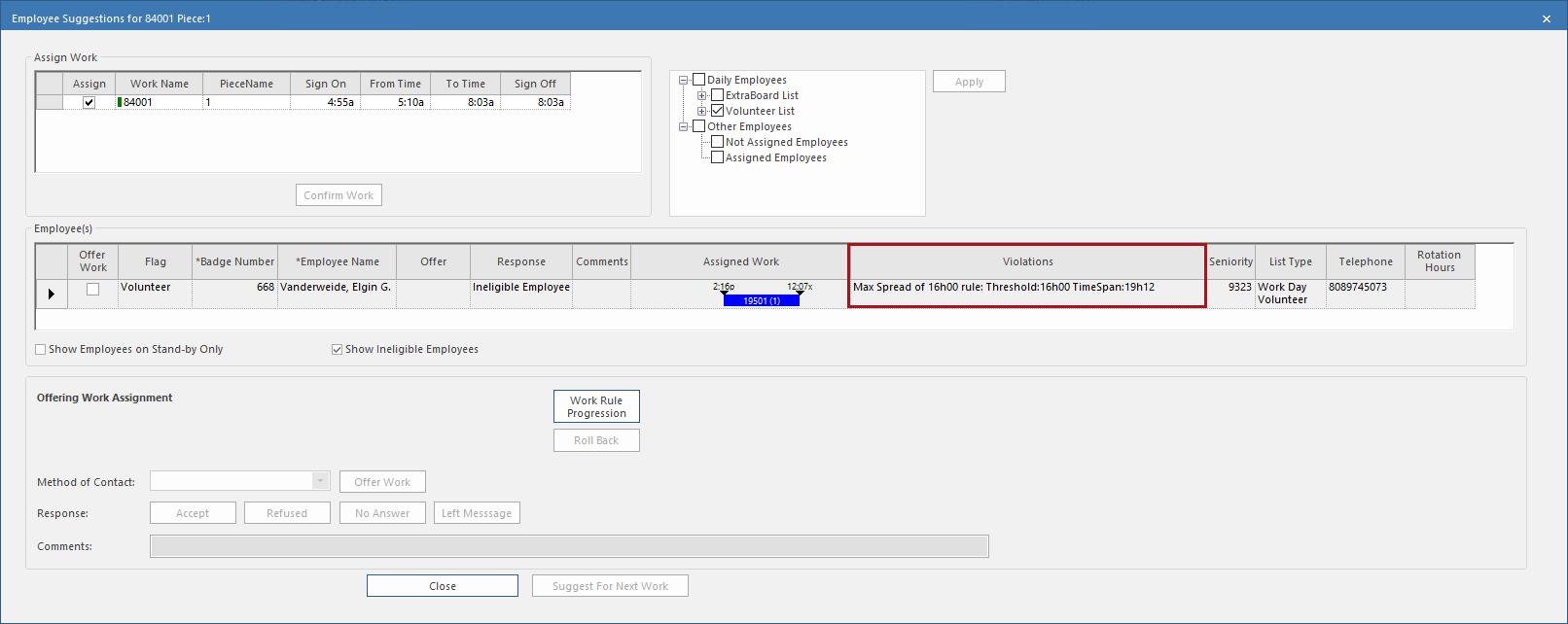 The Employee Suggestions dialog with the Violations field circled in red.
