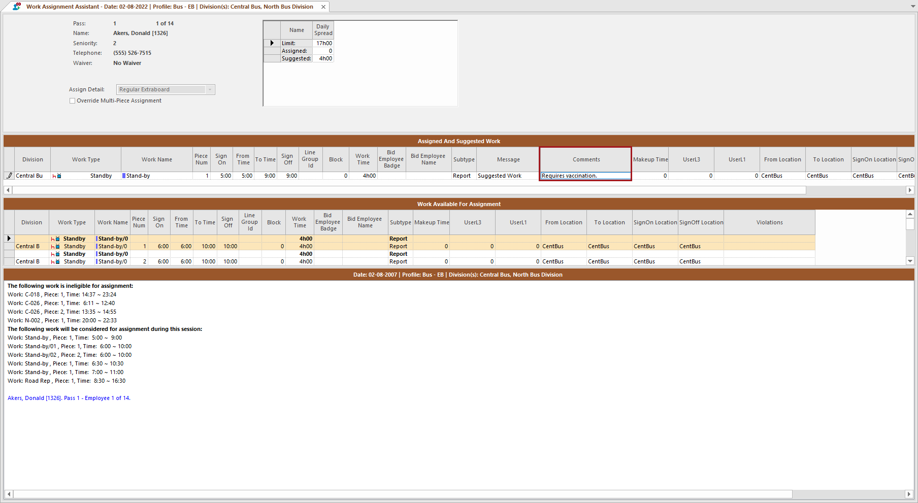 The Work Assignment Assistant dialog with the Comments column circled in red.
