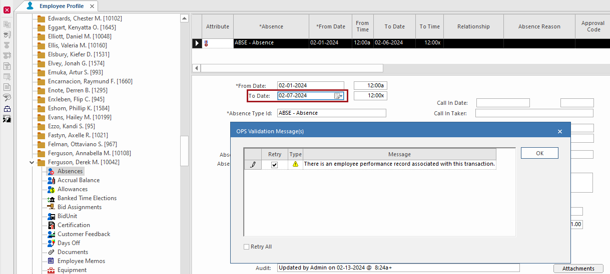 The Employee Profile - Absences screen with the To Date field circled in red.