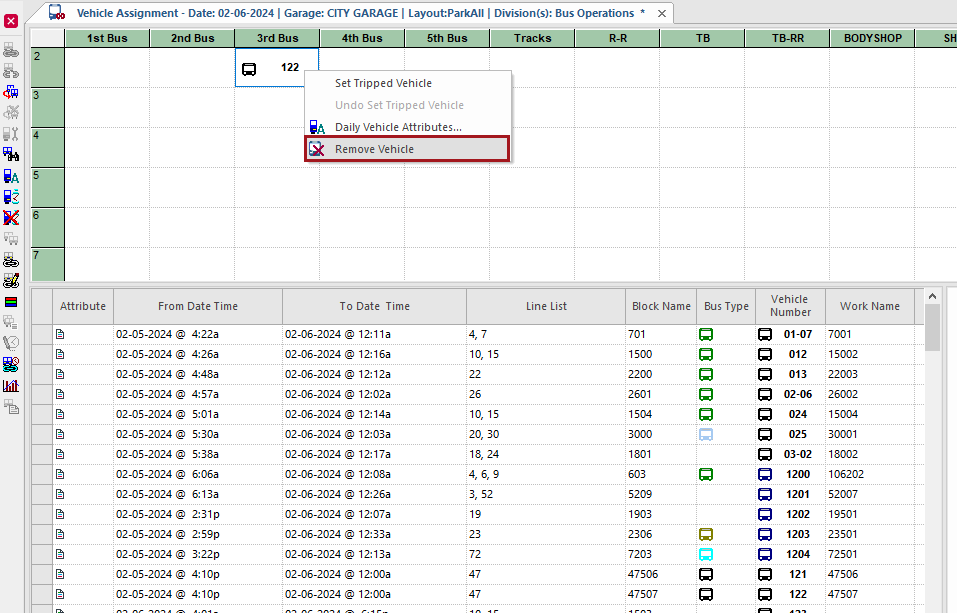 The Vehicle Assignment screen with the Remove Vehicle option circled in red.
