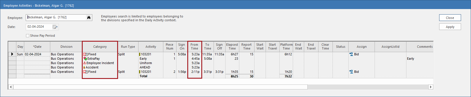 The Employee Activities dialog with the Category and From Time columns circled in red.