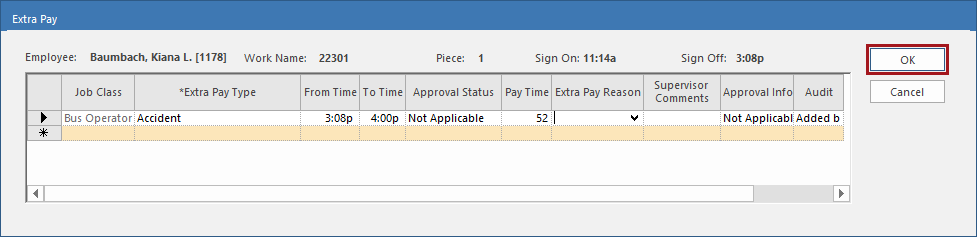 The Extra Pay dialog with OK circled in red.