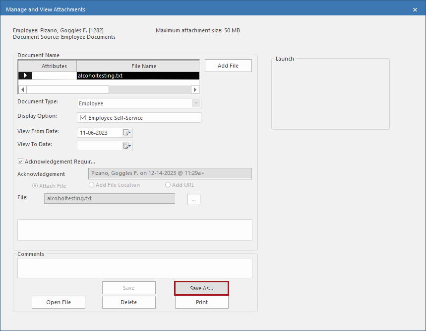 The Manage and View Attachments dialog with the Save As... option circled in red.