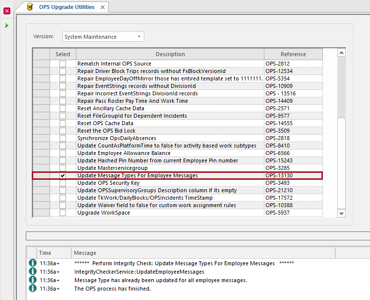 The OPS Upgrade Utilities screen with the Updated Message Types For Employee Messages option circled in red.