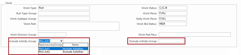 The Include Activity Group and Exclude Activity Group fields circled in red.