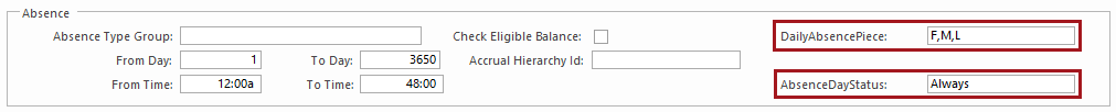 The DailyAbsencePiece and AbsenceDayStatus fields circled in red.