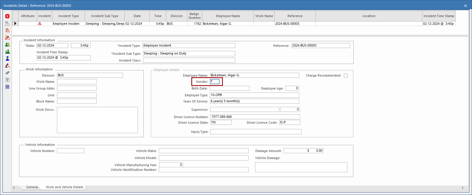 The Incidents Detail dialog with the Gender field circled in red.