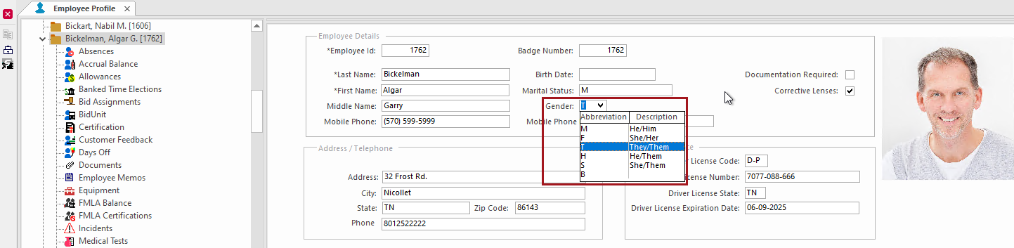 The Employee Profile - Employee Card screen with the Gender field circled in red.