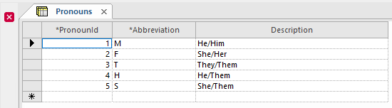 The Pronouns ancillary data screen.