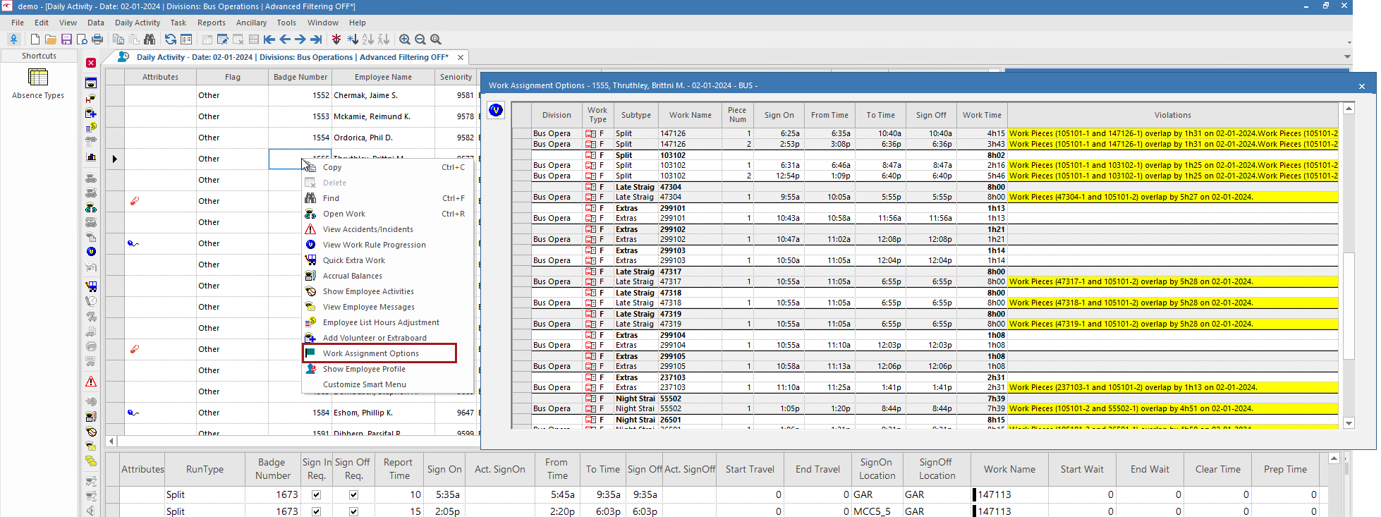 The Daily Activity screen with the right-click menu open and Work Assignment Options circled in red. The Work Assignment Options dialog is open and shows the work options for the selected operator.