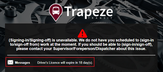 The Sign-In Terminal screen showing an example message of 'Driver's Licence will expire in 18 day(s).'