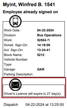 A sign-in receipt showing an example message for Winfred B. Myint that says 'Driver's License will expire in 27 day(s).'