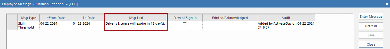 The Employee Message dialog for Ruckman, Stephan G. showing an example message of 'Driver's license will expire in 11 day(s).'